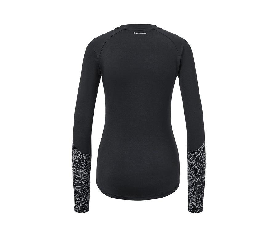 Fekete, fényvisszaverős női hosszú ujjú funkcionális felső.