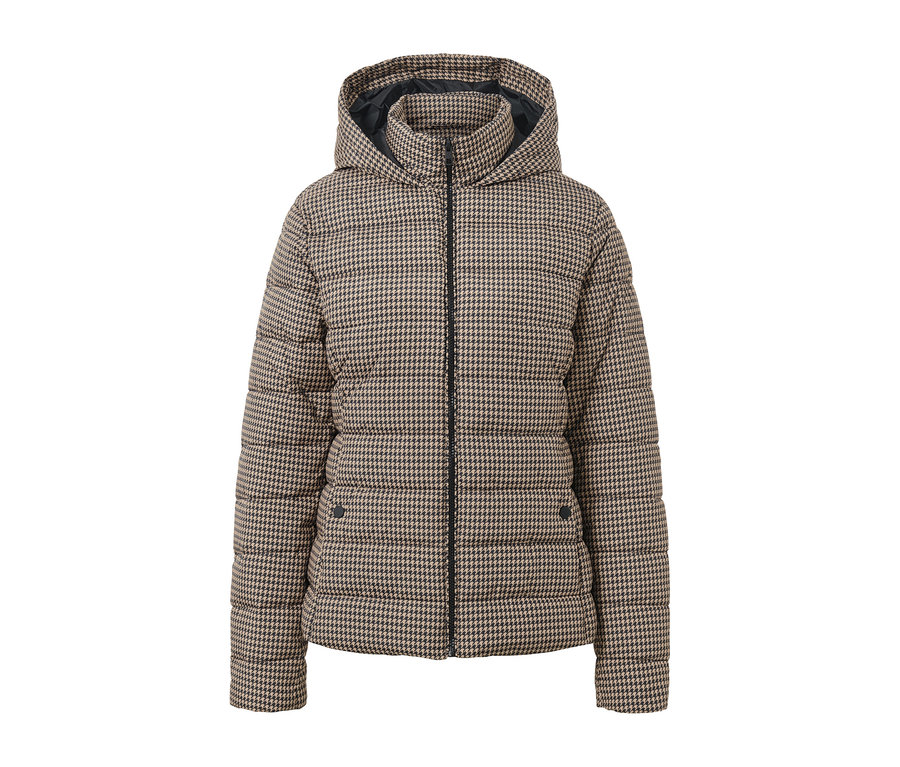 Tyúklábmintás, steppelt női dzseki kapucnival.