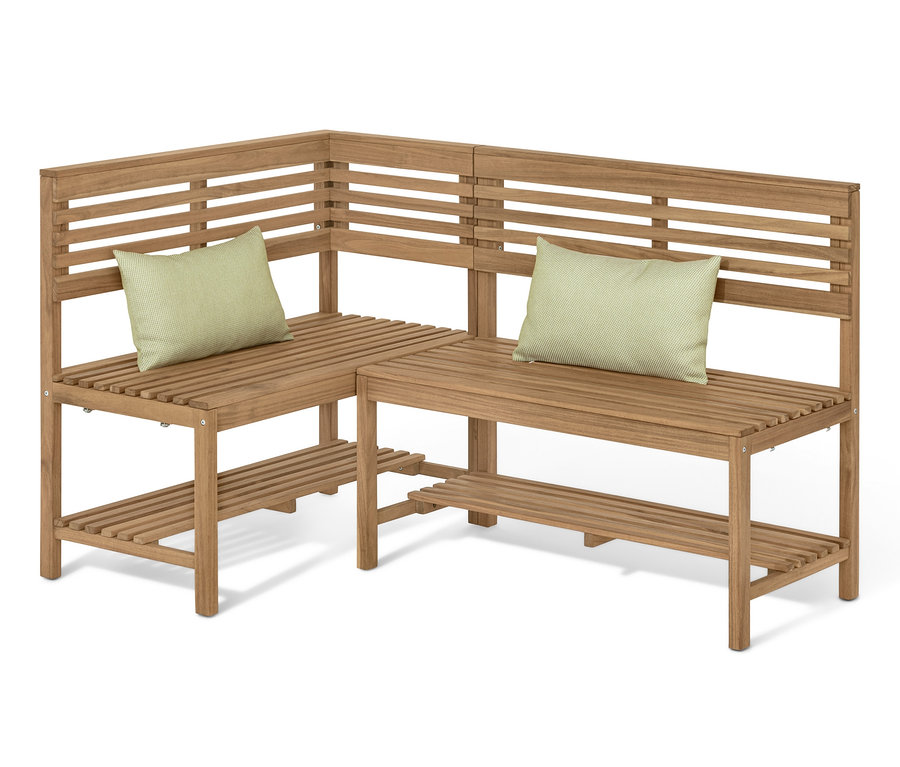 Egy barna fa sarokpad »Lenja« két világoszöld párnával.