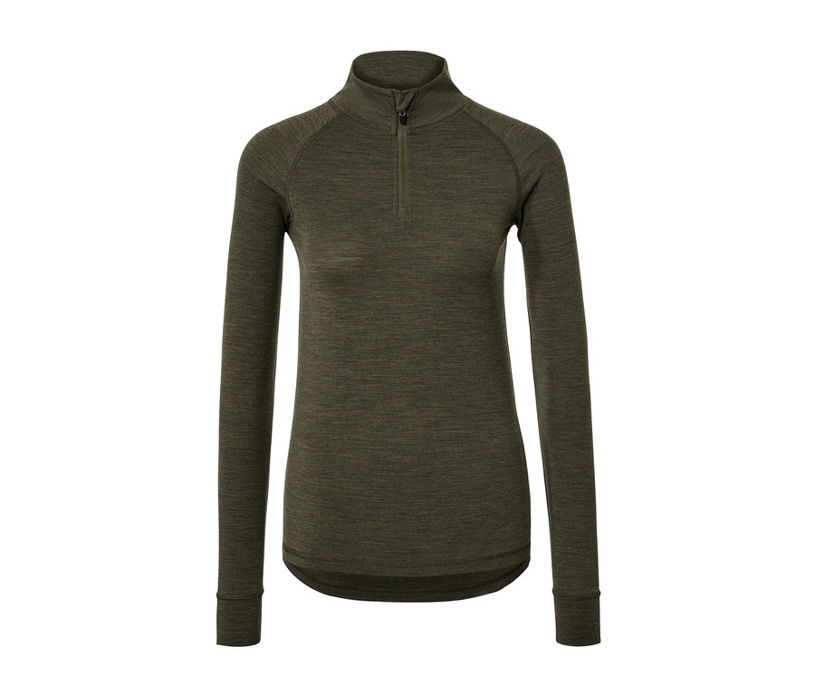 Khaki színű, RWS minősített gyapjú tartalmú, cipzáras nyakú multifunkcionális felső.