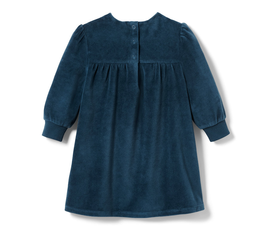 Kislány sötétkék plüssruha, hosszú ujjakkal, gombokkal a hátulján.