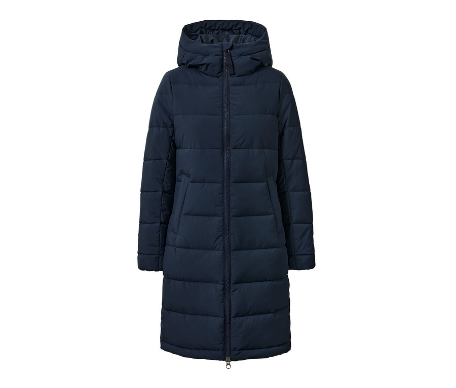 Kék, steppelt, cipzáros, kapucnis női kabát.