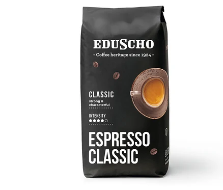 Eduscho Espresso Classic - 1 kg szemes, pörkölt kávé csomagolása.