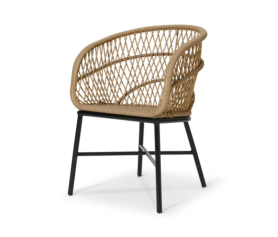 Kerti étkezőszék polyrattan fonattal, fekete lábakkal.