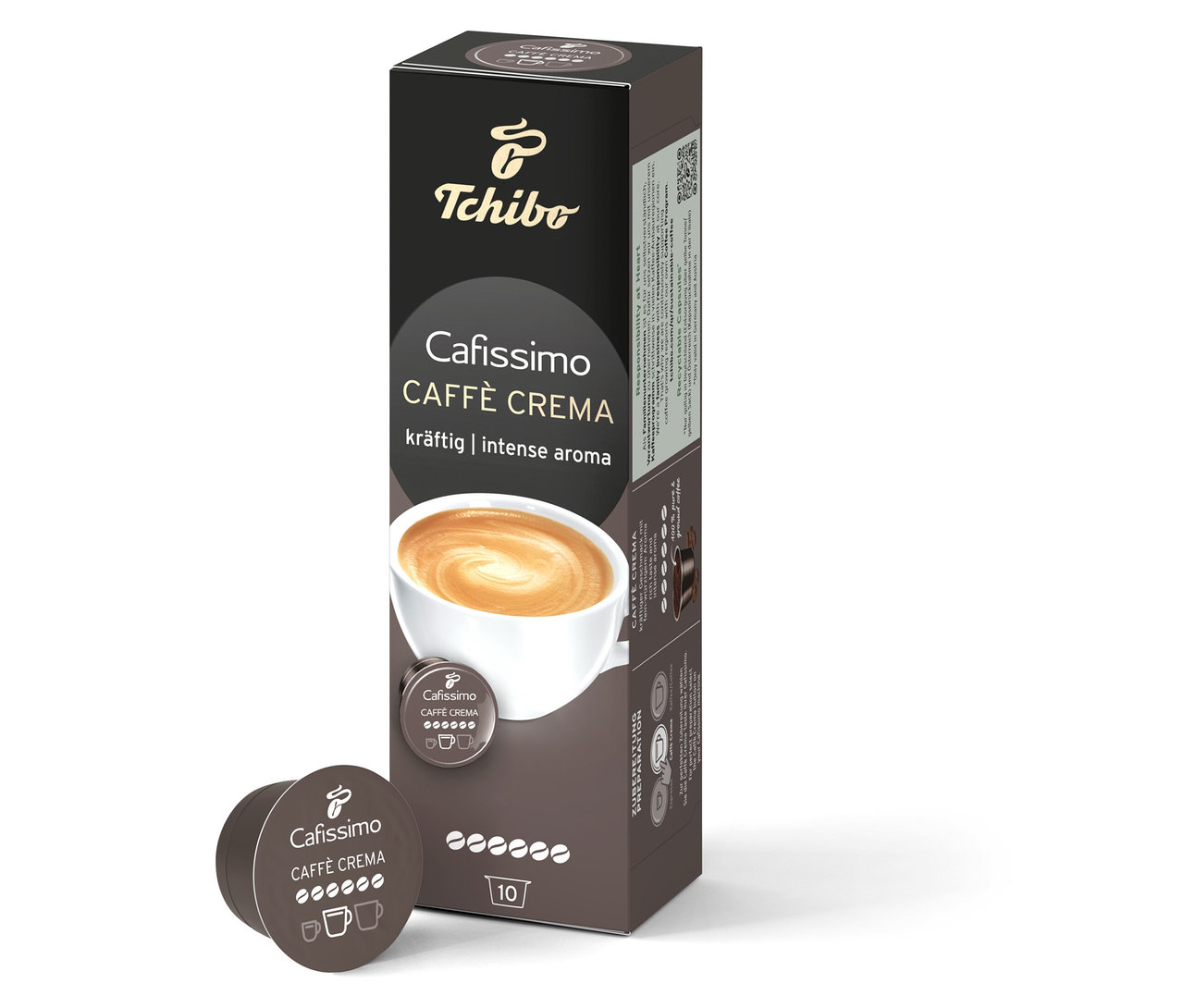 Egy Caffè Crema Intense - 10 db-os kávékapszula csomag egyetlen kapszula mellett. A csomagoláson egy csésze kávé látható.