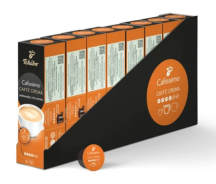 Egy fekete tartóban több Caffè Crema vollmundig - 80 kapszula csomag sorakozik.