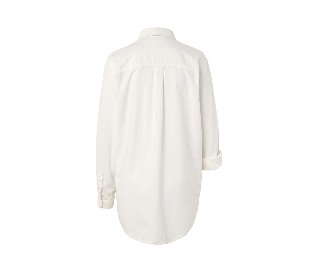 Hátulnézet egy fehér, hosszú, lenvászon blúzról.