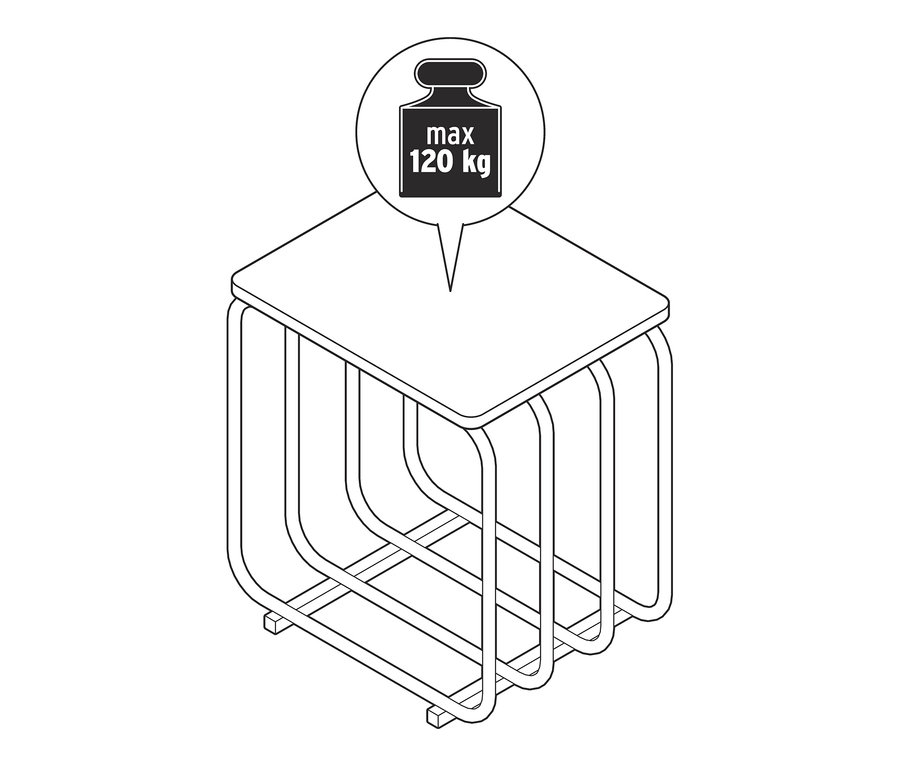 Egy fekete fém/fa ülőke rajza, maximum 120 kg terhelhetőséggel.