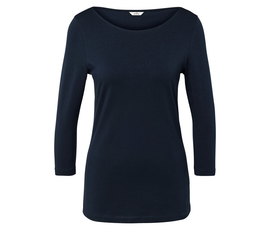 Sötétkék, hosszú ujjú, kerek nyakkivágású póló fehér háttéren.