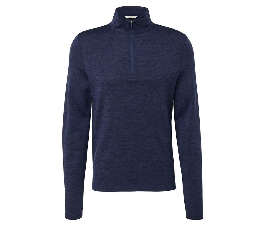 Sötétkék, RWS minősített gyapjúval készült, rövid cipzáras multifunkcionális felső.