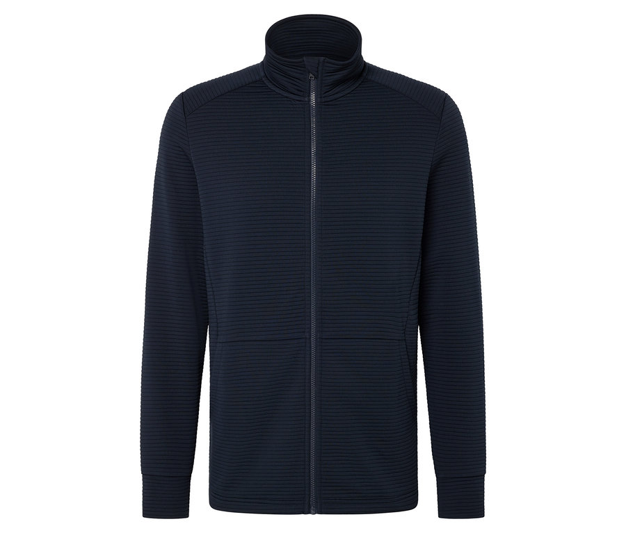 Sötétkék kötött kabát végig cipzárral és magas gallérral.