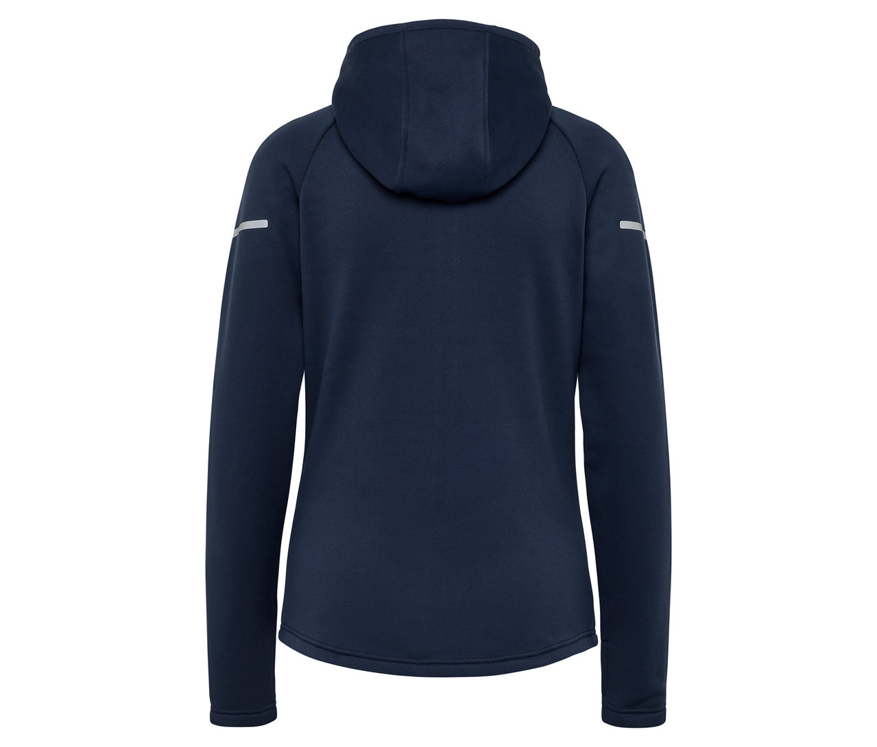 Hátulnézet egy sötétkék, hosszú ujjú kapucnis pulóverről.