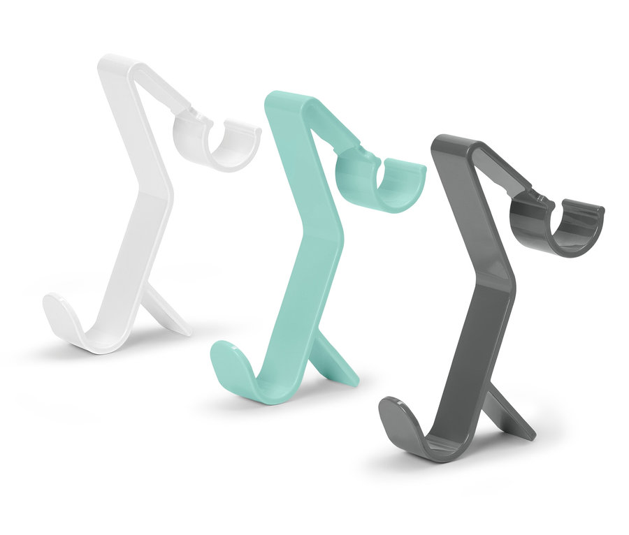 Három telefontartó fehér, türkiz és szürke színben.