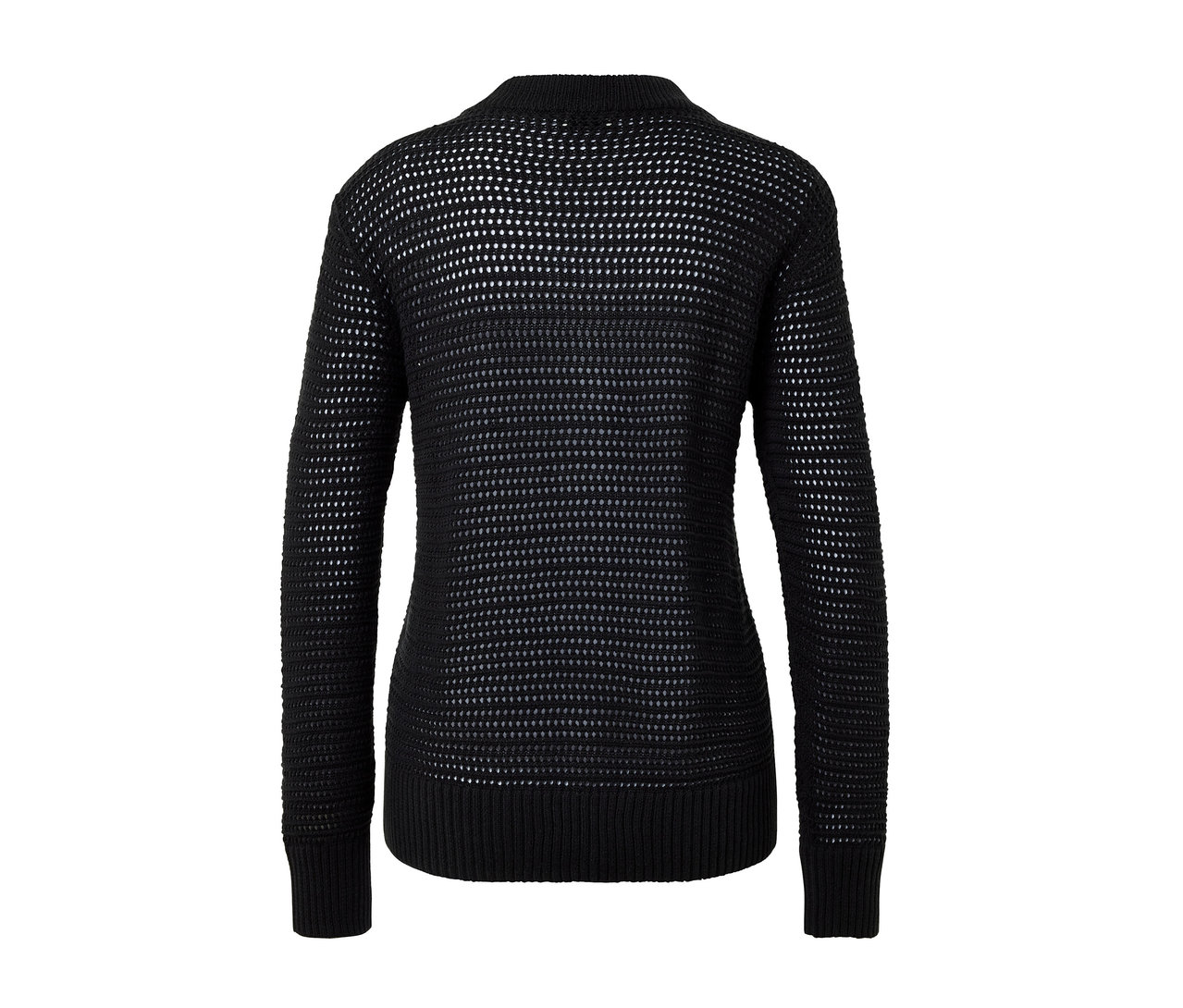 Egy fekete, csipkekötésű kardigán részletgazdag hátsó nézete.