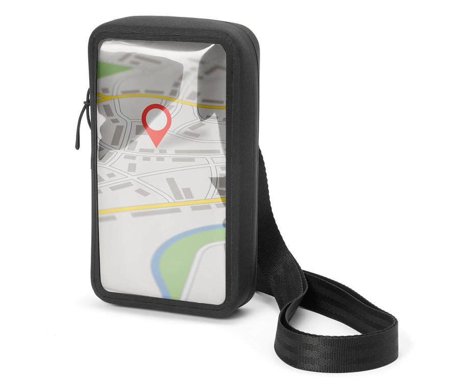 Fekete mobiltelefontáska átlátszó ablakkal, amelyben egy térkép látható piros tűvel.