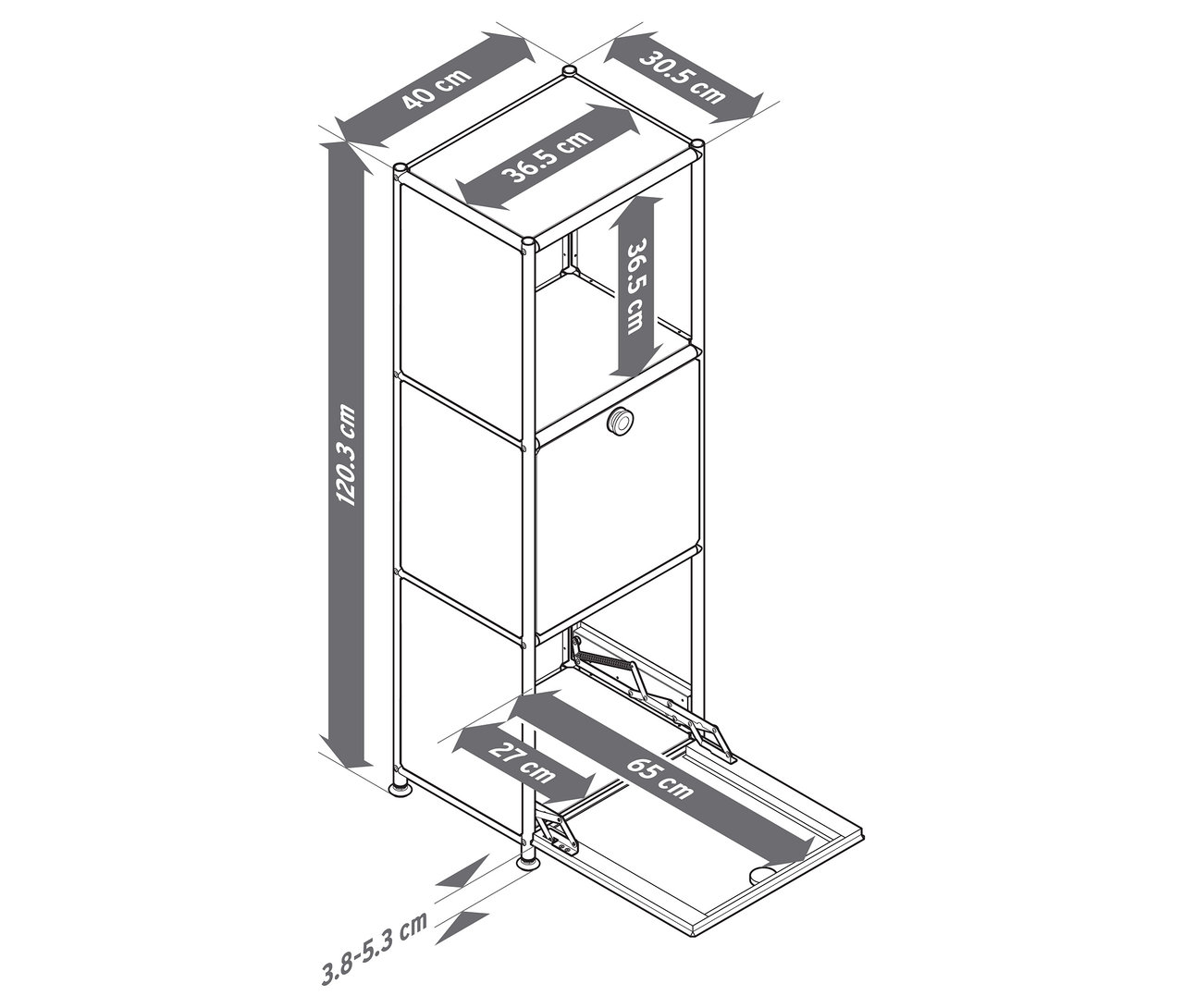 Felülnézet egy »CN3 Slim Line« fémkomódról két lenyíló rekesszel, az alsó rekesz nyitva van, és cm-ben tartalmazza a méreteket.