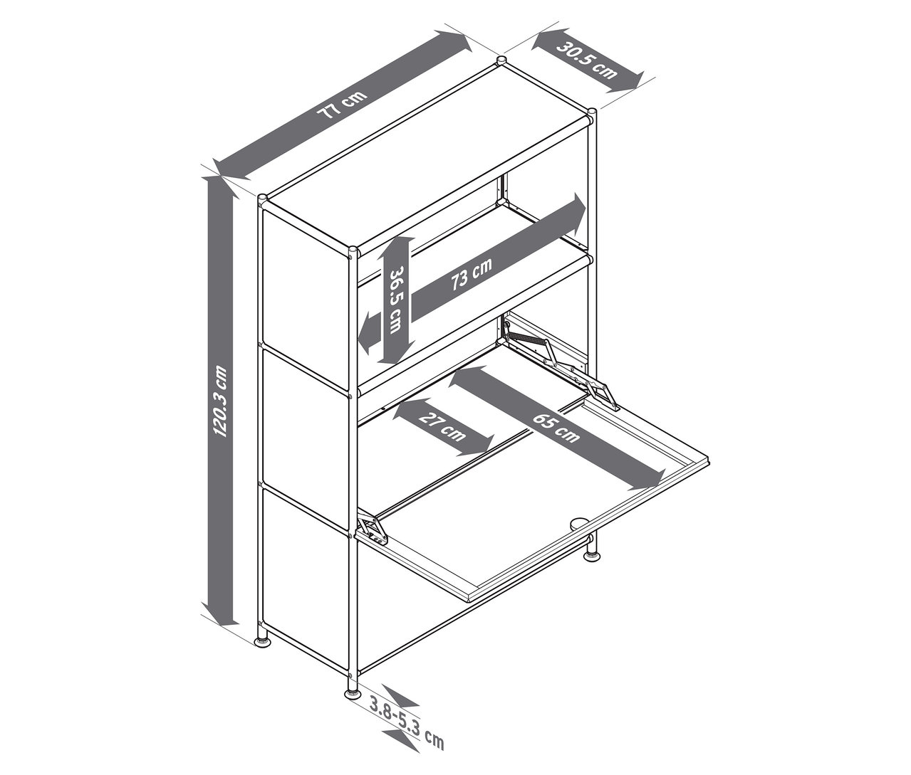 Ábra egy szürkésbarna, fehér és világosszürke színű, 2 áthelyezhető lenyíló ajtós »CN3 Slim Line« fém komódról, méretekkel.