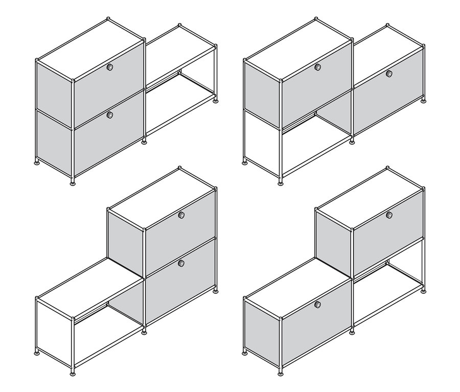 Négy különböző színű, 3 rekeszes »CN3« fém szekrény kombináció felülnézeti képe.