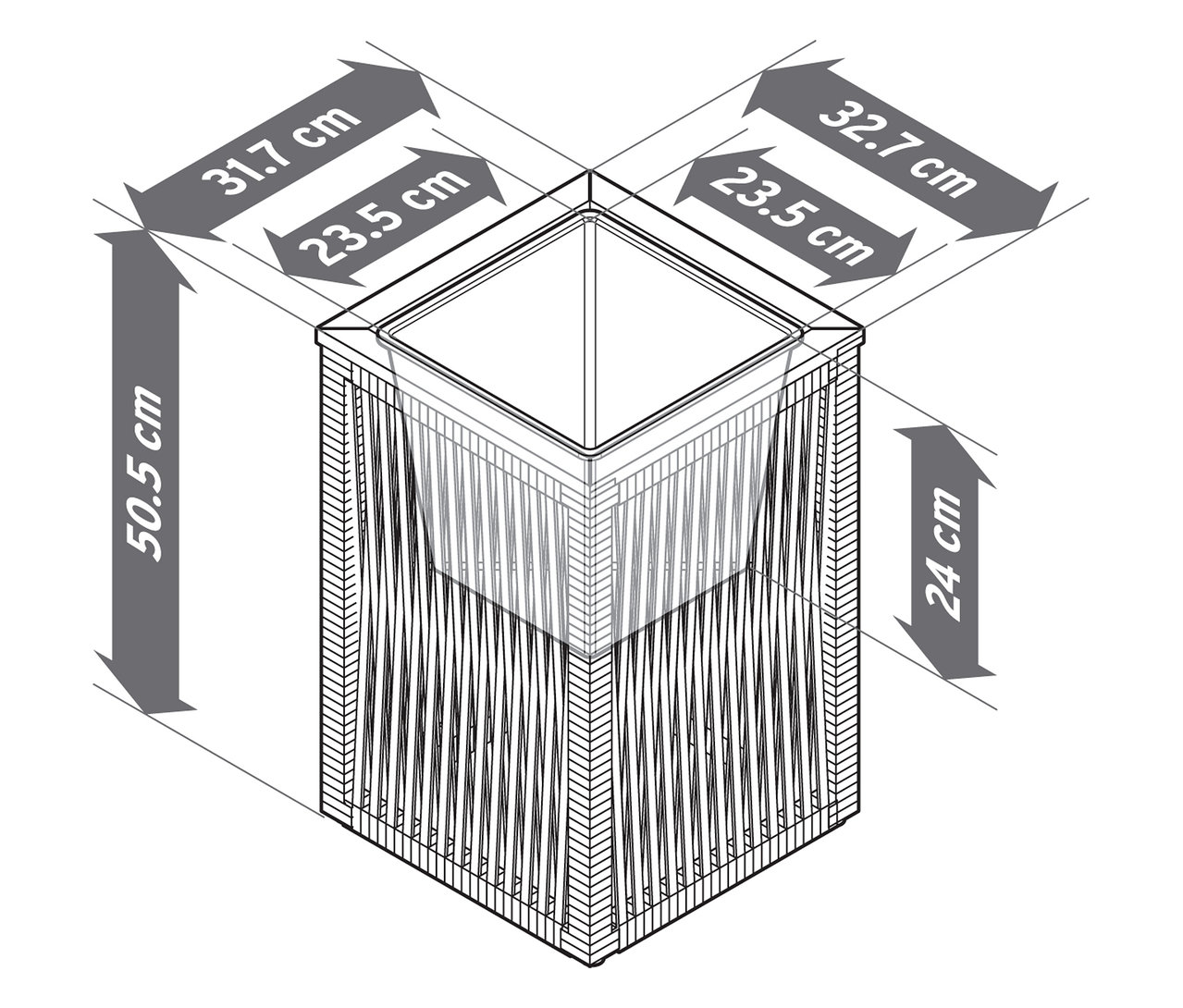 Felülnézet egy textilfonott virágcserépre méretekkel.