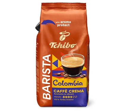 Egy 1 kg-os BARISTA Origins Colombia szemes kávé csomag látható álló helyzetben.