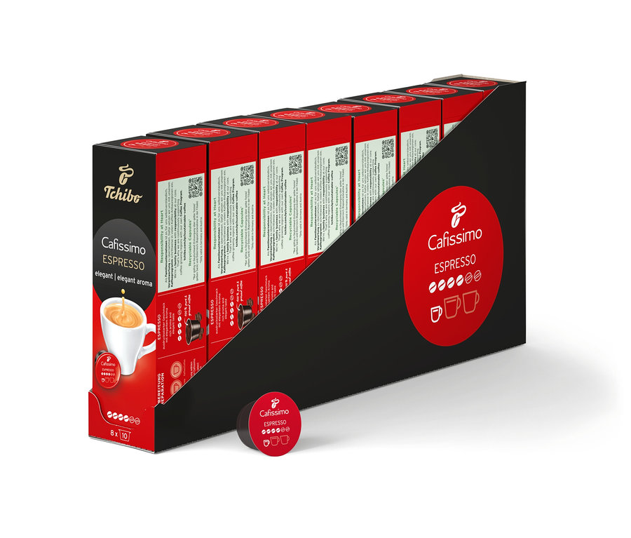 Egy csomag Cafissimo Espresso elegant kapszula. A csomag piros és fekete, és 80 kapszulát tartalmaz.