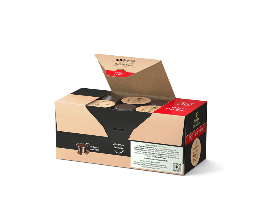 Nyitott Cafissimo Decaffeinato csomag 30 kapszulával.