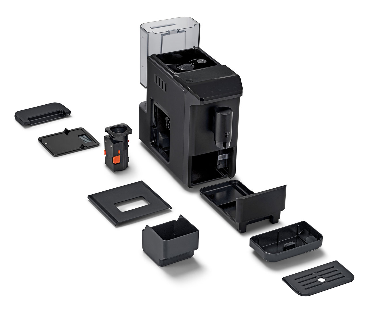 Egy szétszerelt »Esperto mini« kávéfőzőgép, eltávolítható alkatrészekkel.