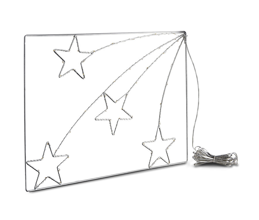 Egy LED-es ablakdísz hullócsillag motívummal. Összesen három LED-es ablakdísz látható.