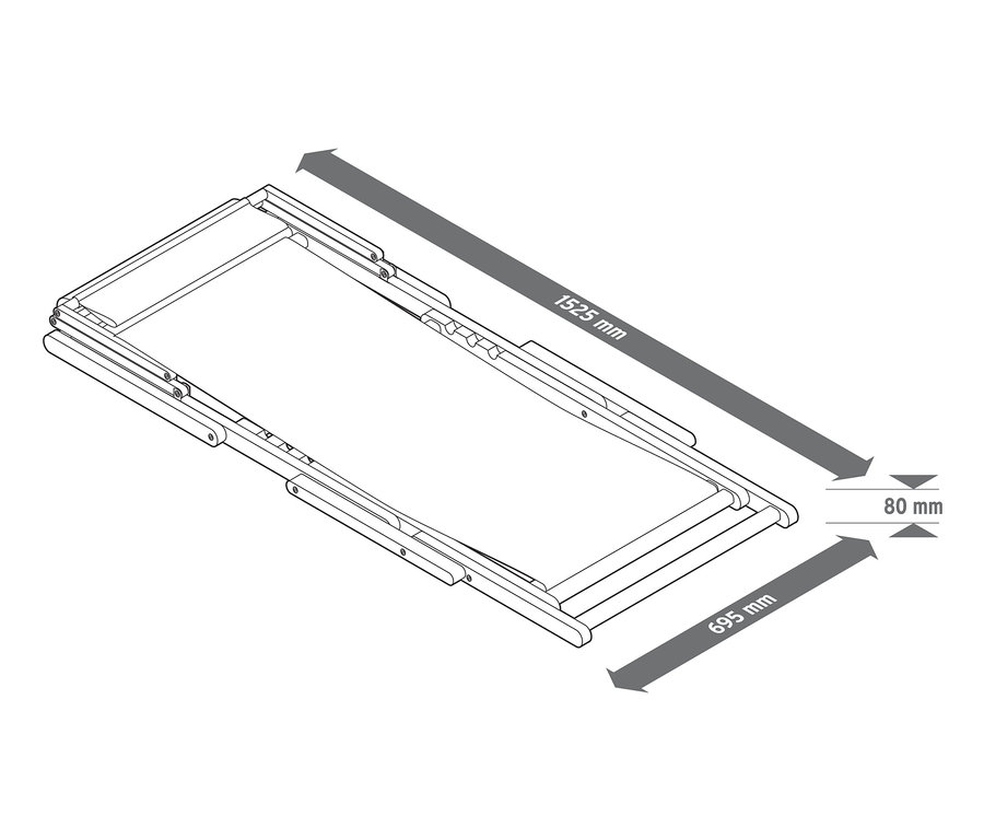 Ábra egy kerti összecsukható napozószékről, lábtartóval, méretekkel.