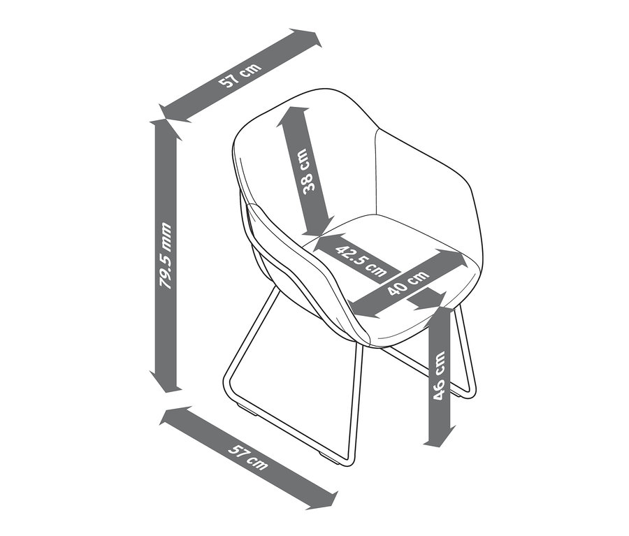 Egy olívazöld és bézs színű, fém lábú, kárpitozott kagylószék vázlata kiemelt méretekkel.