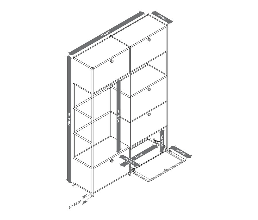 Fém nyitott ruhásszekrény »CN3« fekete, szürke és fehér színben, méretekkel.