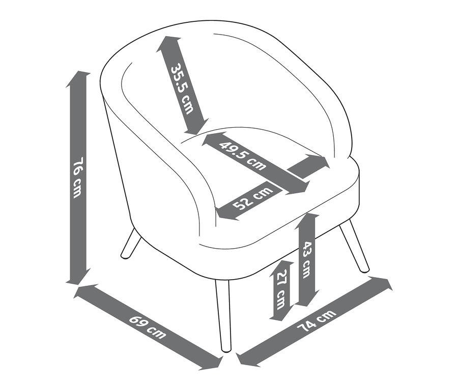 Egy plüss/buklé fotel rajza fa lábakkal és méretekkel.
