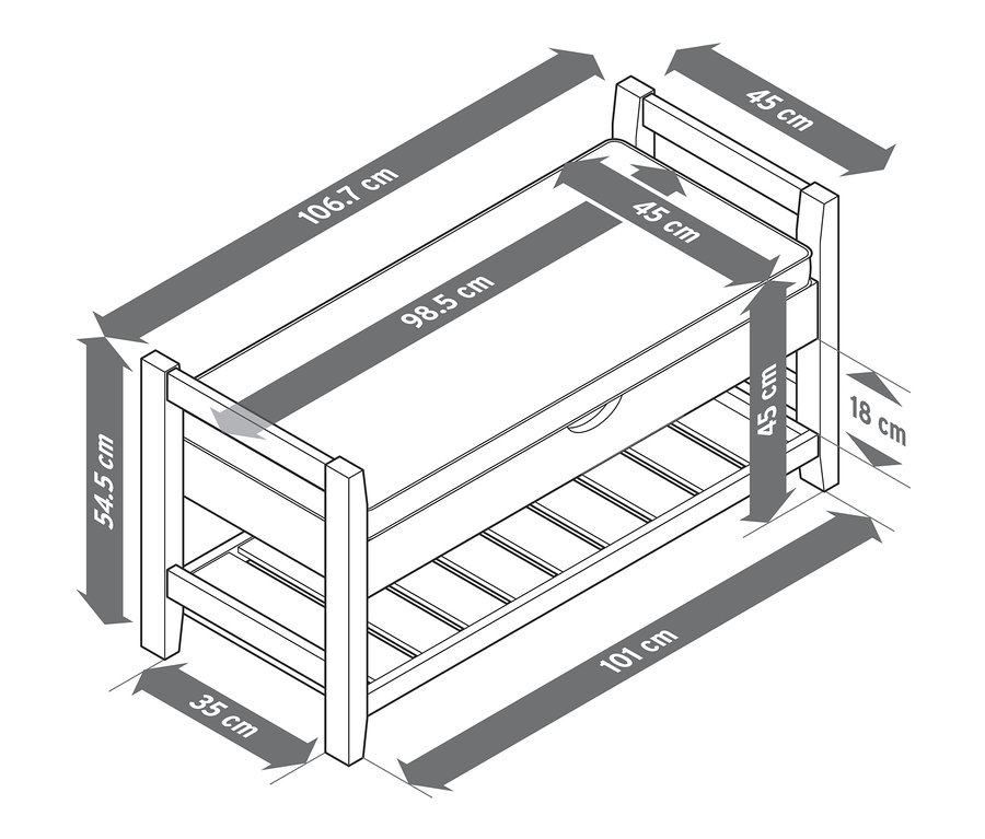 A kárpitozott pad, tárolóval méretei.