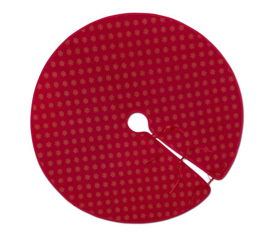 Piros takaró fenyőfa alá, arany hópehely mintával.