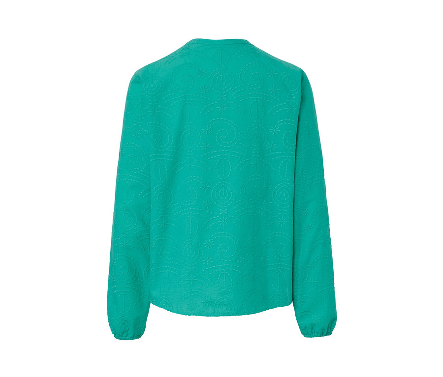 Zöld, hímzett női blúz, hátulnézet.