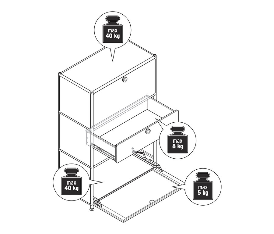 Fekete-fehér ábra egy »CN3« fém komódról két lenyíló ajtóval és két fiókkal, az egyik fiók nyitva.