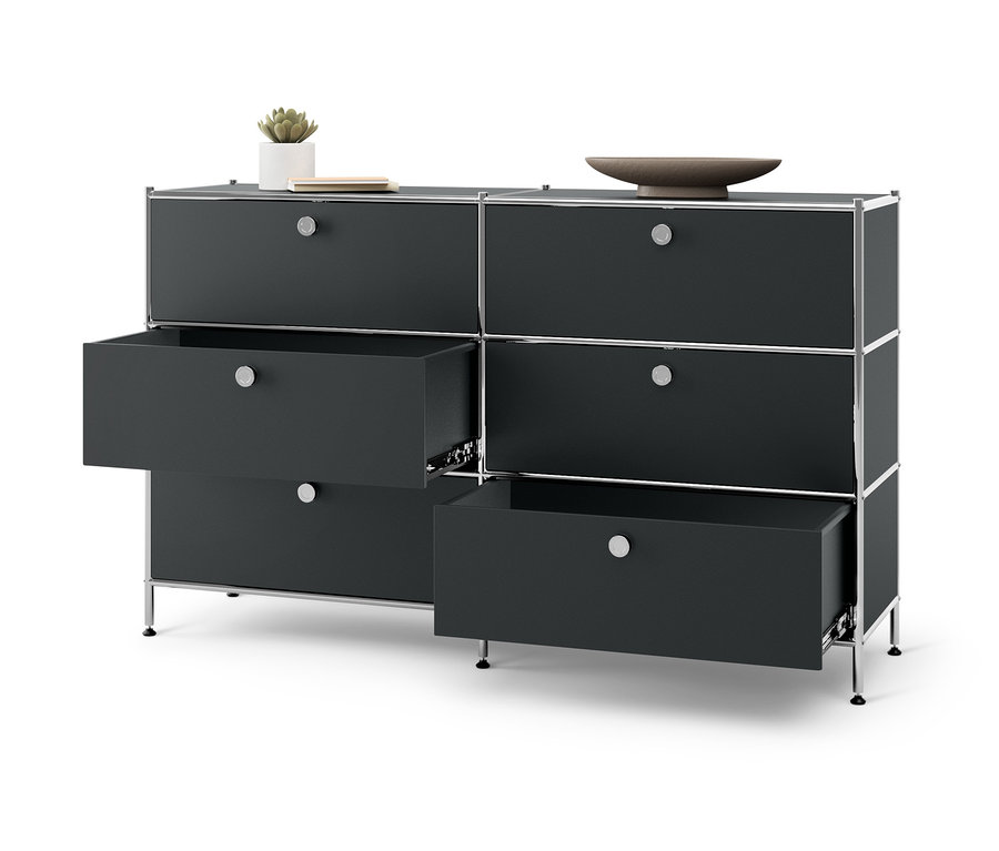 Fekete »CN3« fém komód 6 fiókkal, melyből kettő nyitva.