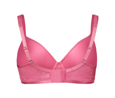 Egy rózsaszín Spacer melltartó részlete, csipkés szegéllyel, hátulnézet.