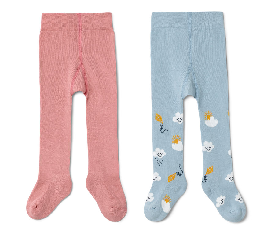 Két kisgyerek harisnyanadrág, egy rózsaszín és egy felhőmintás kék.