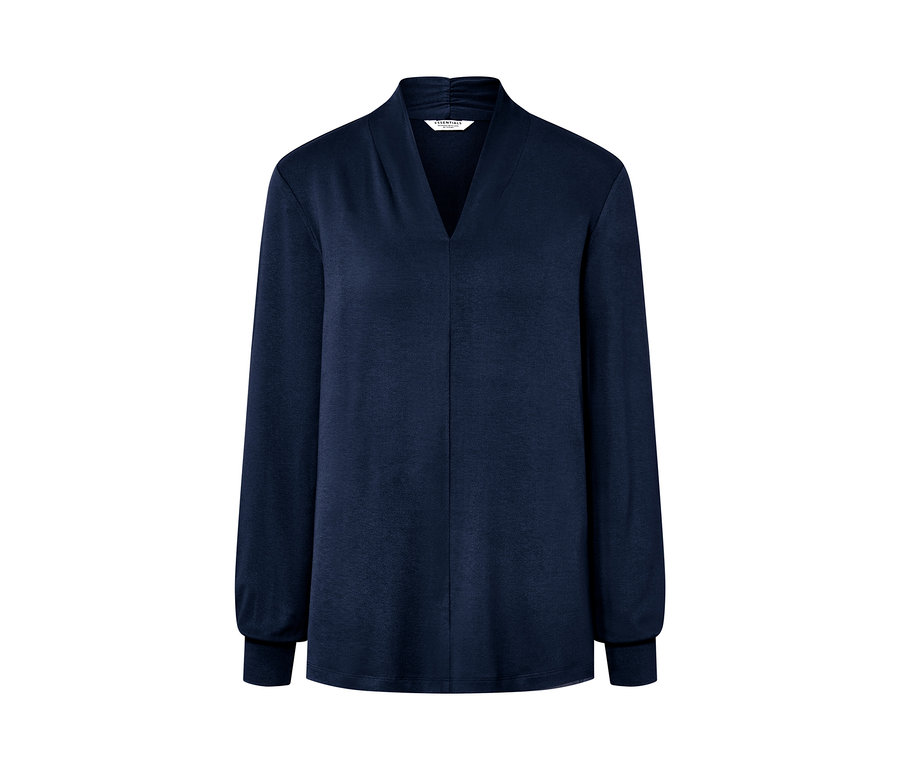 Sötétkék, hosszú ujjú, V-nyakú felső.