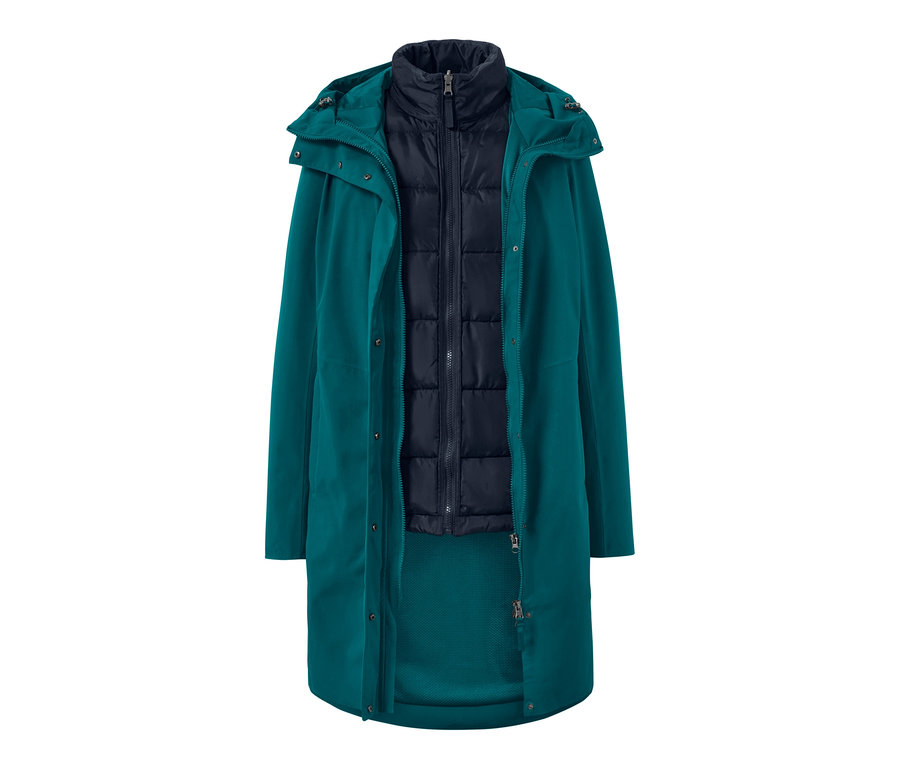 Kicipzározott női 3 az 1-ben funkcionális kabát, olajkék.