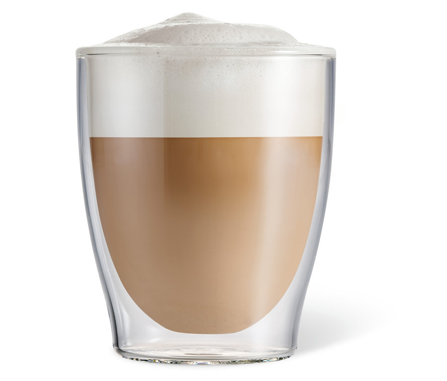 Kávé tejszínhabbal egy dupla falú Caffè Crema pohárban.