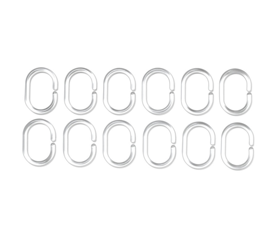 Tíz átlátszó műanyag zuhanyfüggöny karika két sorban elrendezve.