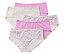 Öt különböző színű és mintájú női alsónemű fekszik egymáson.