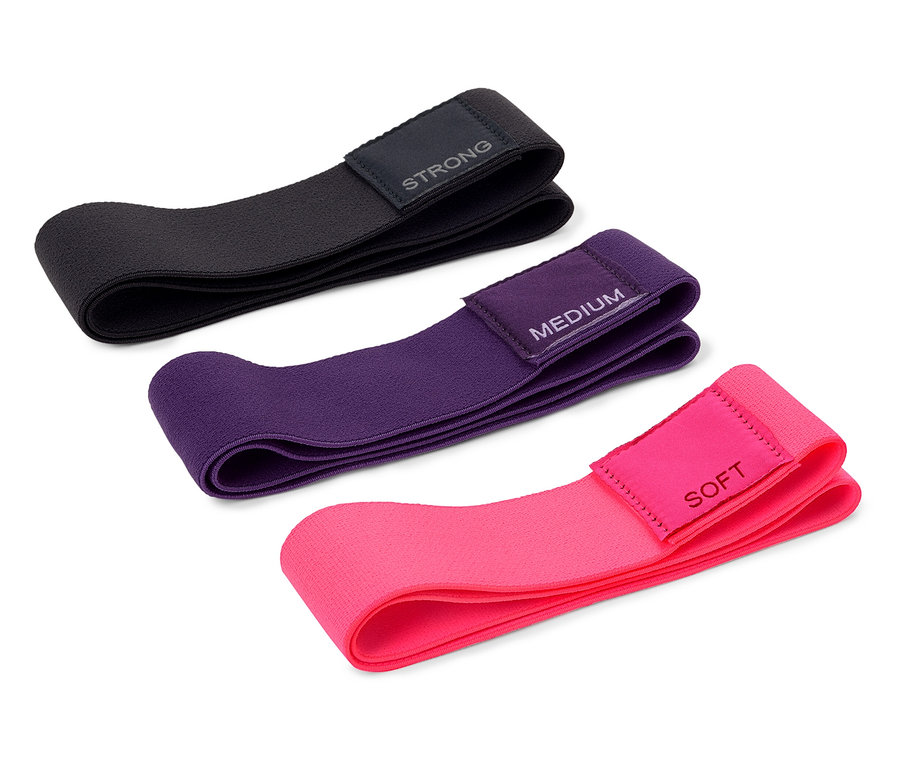 Három gumiszalag: fekete (erős), lila (közepes) és rózsaszín (könnyű).