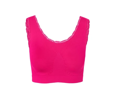 Egy fukszia színű, varrásmentes bustier melltartó részletfotója.