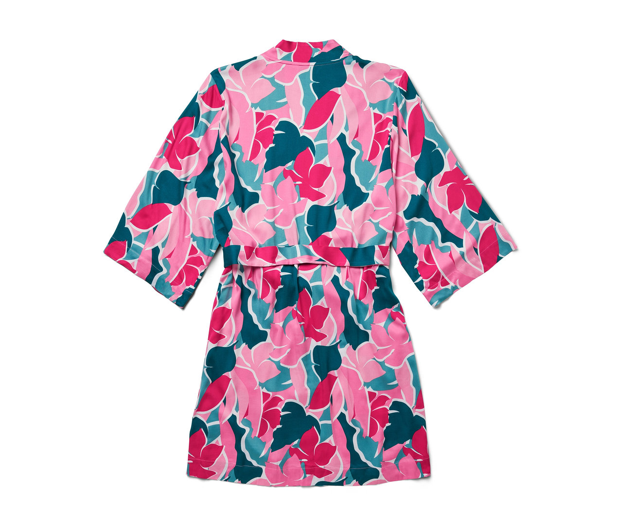 Hátulnézet egy rózsaszín, zöld és kék virágmintás köntösről.