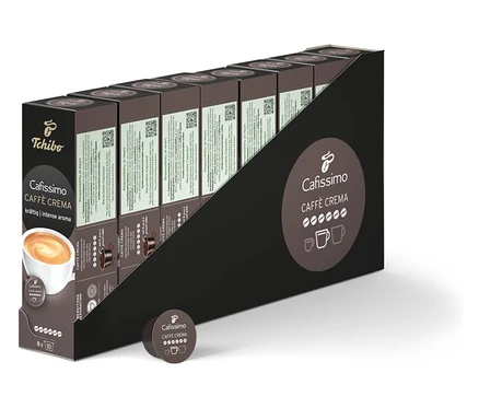 Egy csomag Cafissimo Caffè Crema kapszula látható. A csomagoláson egy csésze kávé képe van.