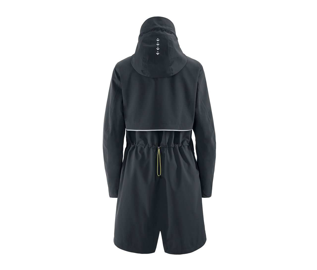 Sötétszürke női funkcionális parka esőkabát hátulnézetből. A kabát kapucnival, derékban húzózsinórral és fehér fényvisszaverő csíkkal rendelkezik.