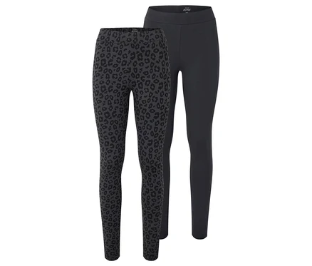 Két leggings: egy szürke, fekete állatmintával, és egy sötétszürke.